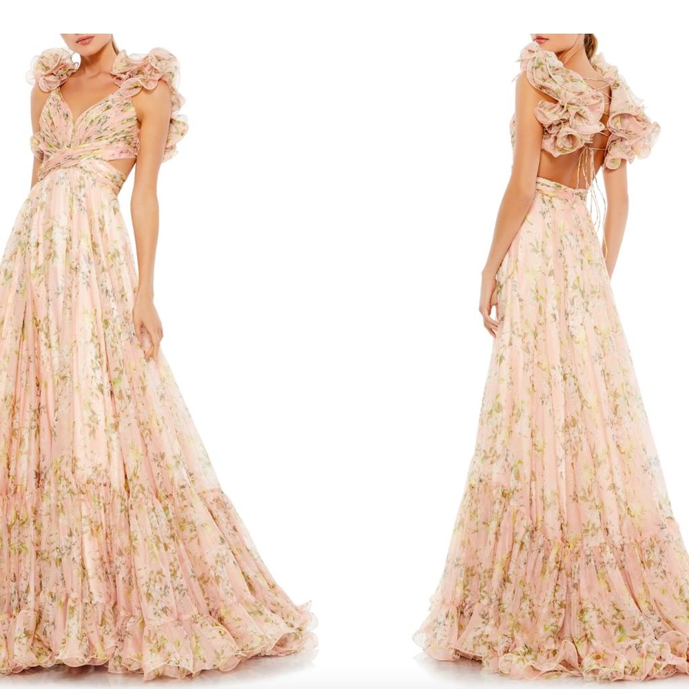 MAC DUGGAL RUFFLE TIERED FLORAL CUT-OUT CHIFFON GOWN